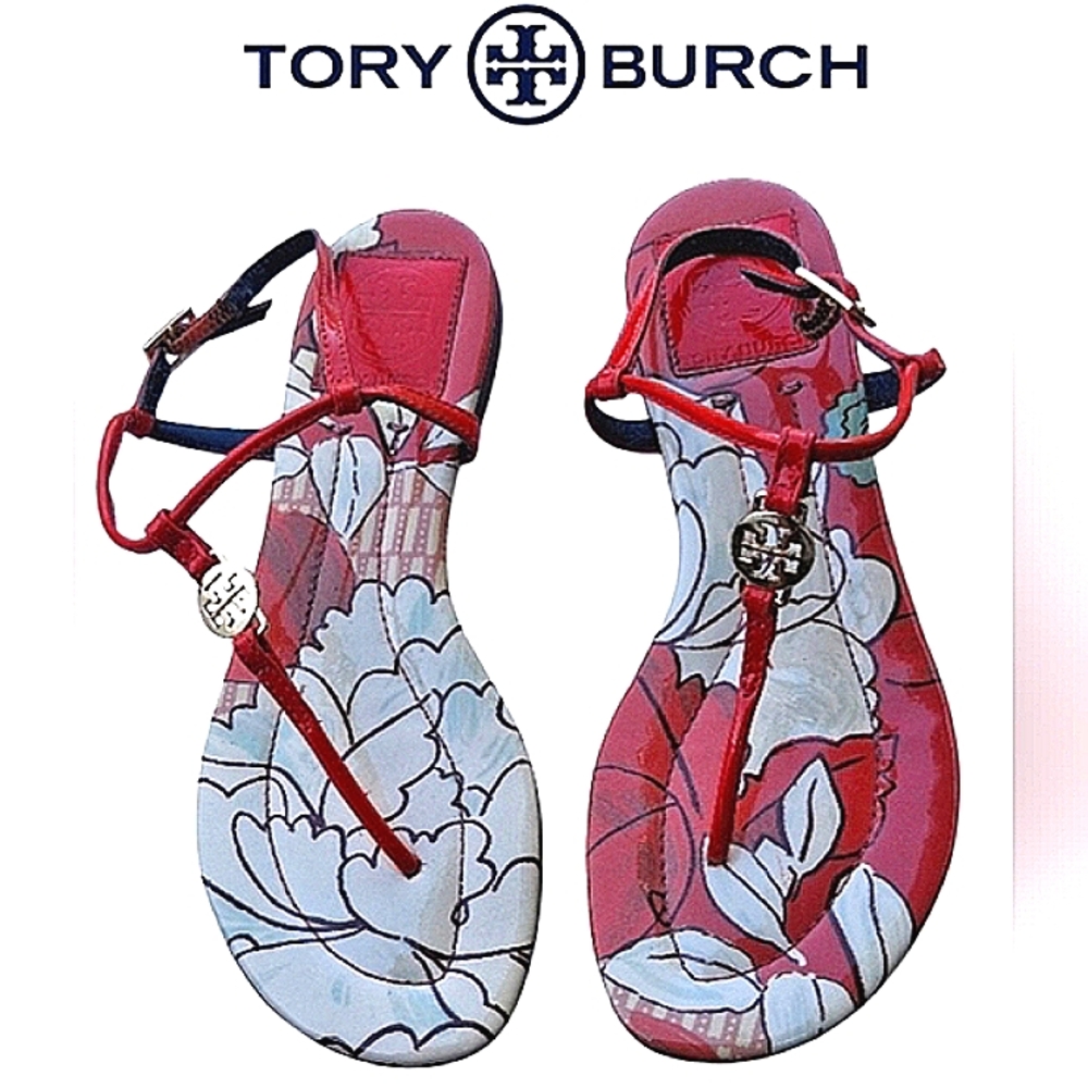 TORY BURCH Emmy Floral Patent Logo T-Strap Sandal